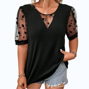 5510. Elegant Black Sheer Sleeve Top